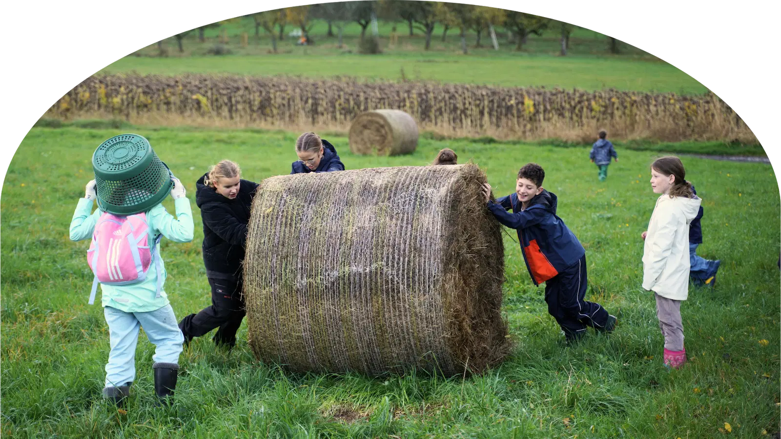 Mehrere Kinder schieben gemeinsam einen großen Rundballen auf einer Wiese